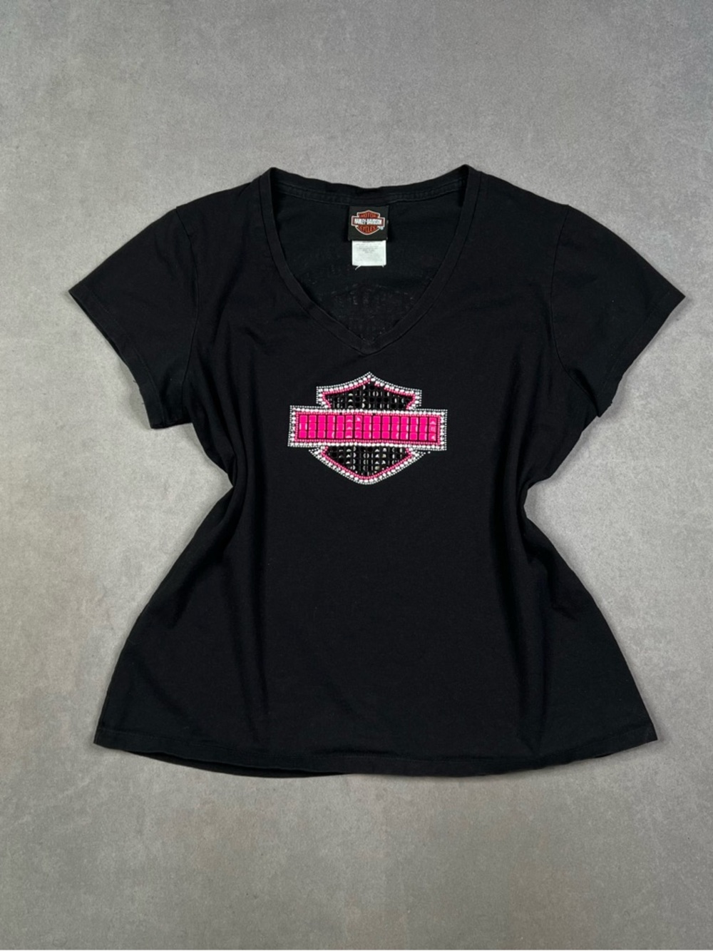 Harley-Davidson Black V-Neck Tee with Hot Pink Shield Logo